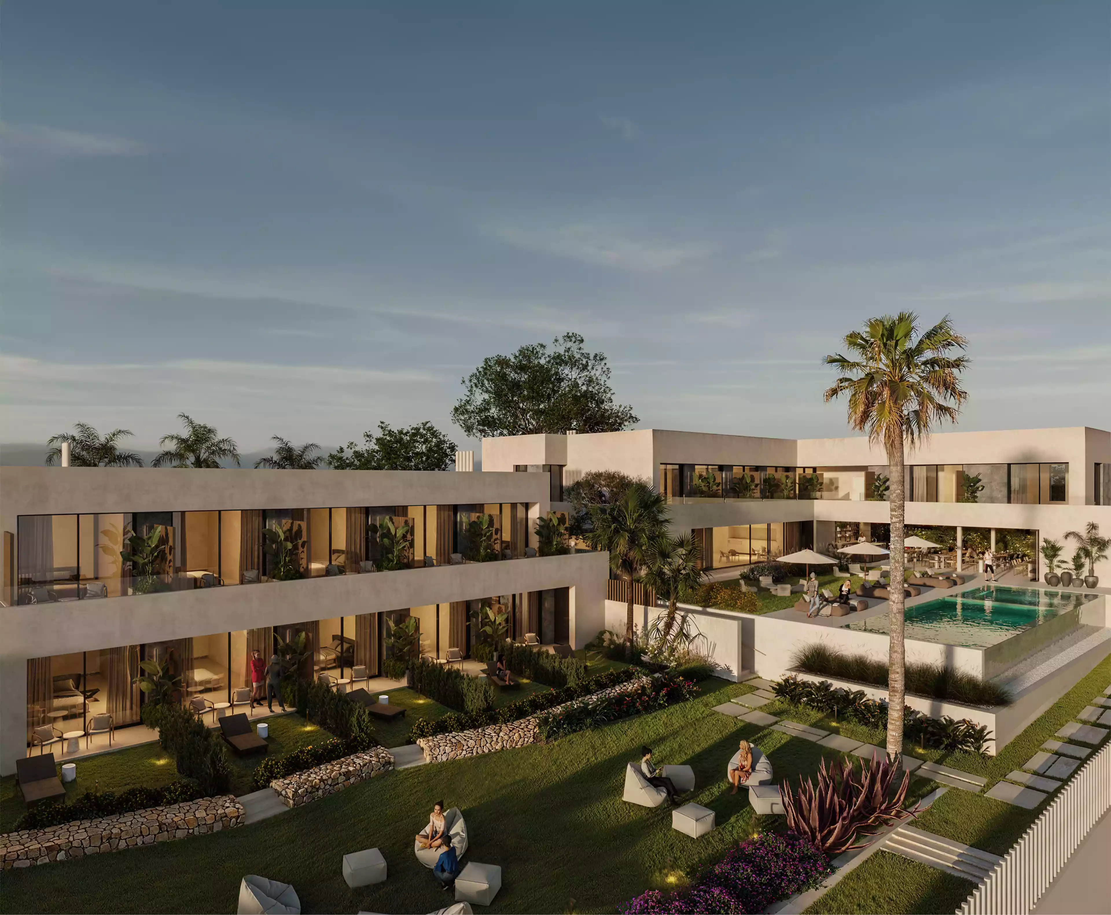 Exterior view of Naghoi recovery center with modern architecture, gardens, and pool designed for restful recovery.