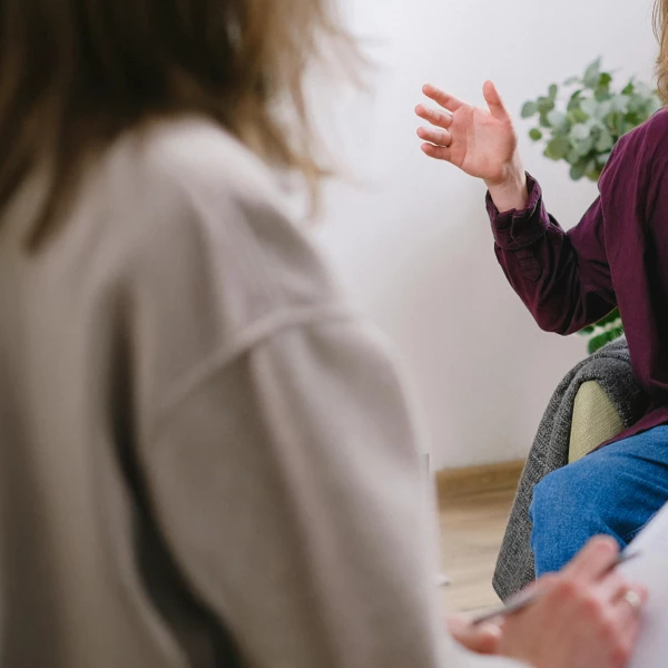 Two people in conversation during a therapy session, representing individual psychological support.