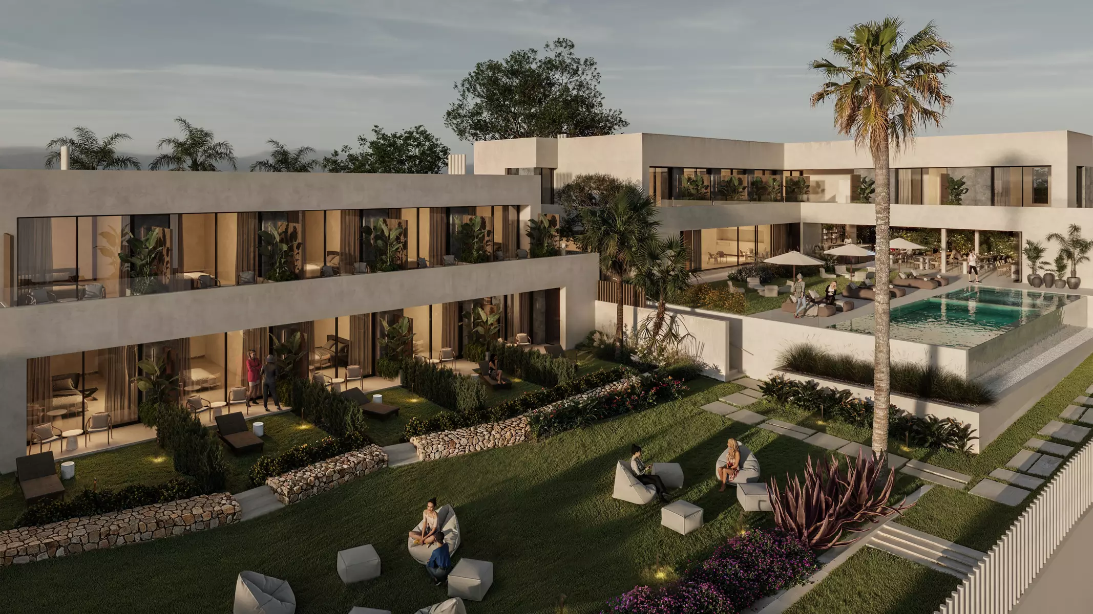 Exterior view of Naghoi recovery center with modern architecture, garden lounge areas, and an elevated infinity pool designed for post-surgery comfort.