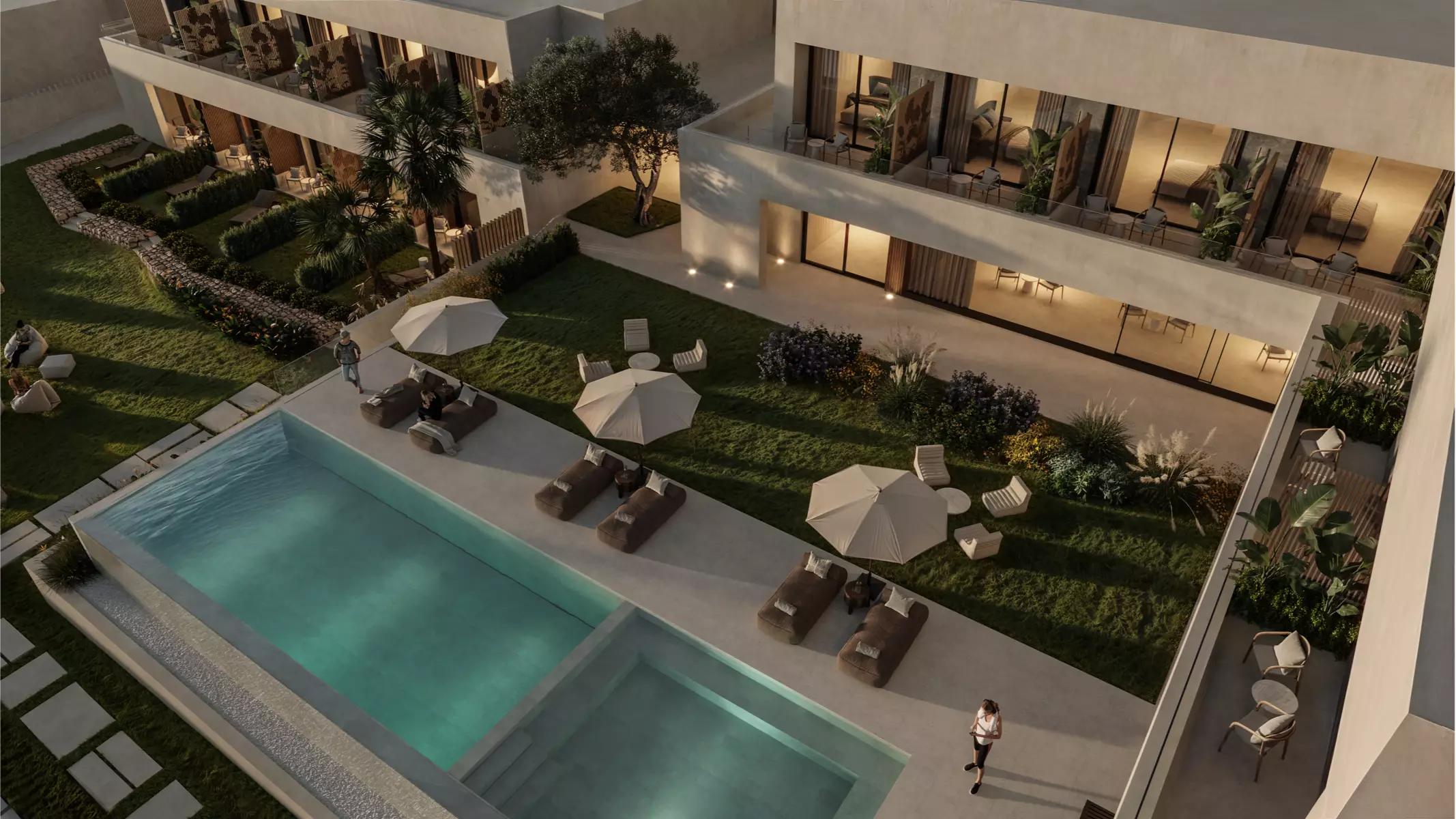 Aerial view of Naghoi’s recovery pool and garden area, with lounge chairs, umbrellas, and direct access to serene private rooms for post-op guests.